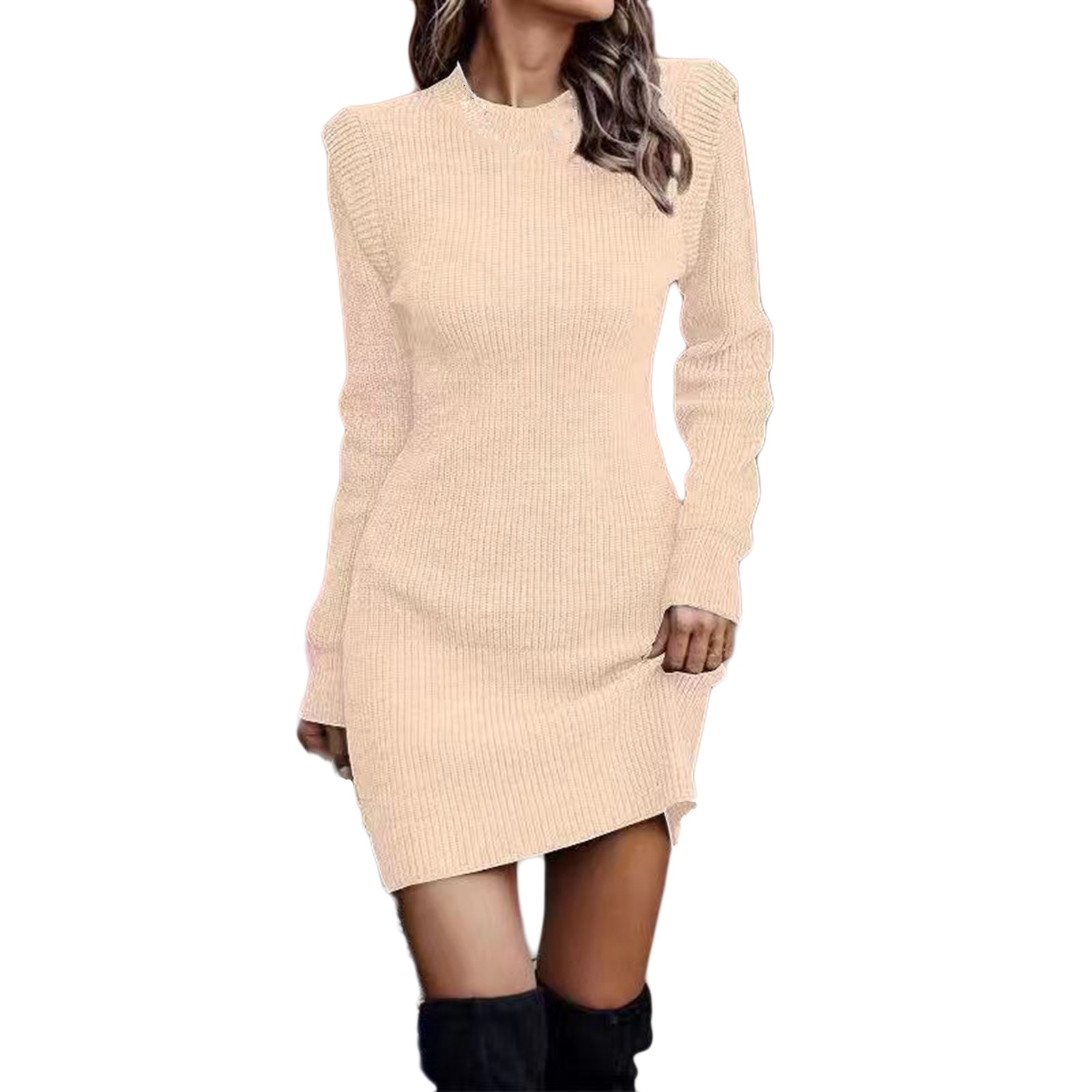 Vestido de punto de cuello alto y manga larga para mujer - Vestido de punto liso, poliéster/spandex - Informal/fiesta, todas las estaciones - Tallas de la S a la XXXXXL